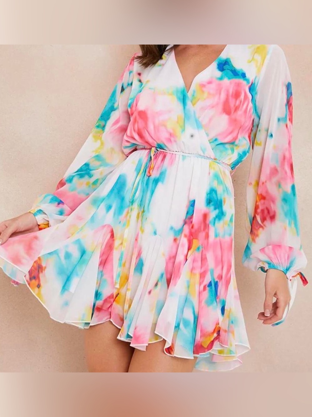 In The Style Multi-Color Floral Watercolor Tie-Waist Mini Dress Sz 16 NWT